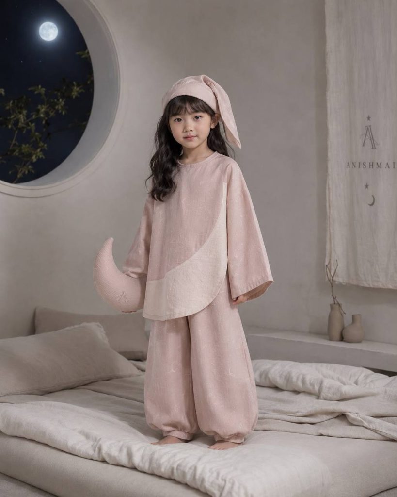 Anishmai Pudra Ay Desenli Pijama Takımı - Kız Çocuk