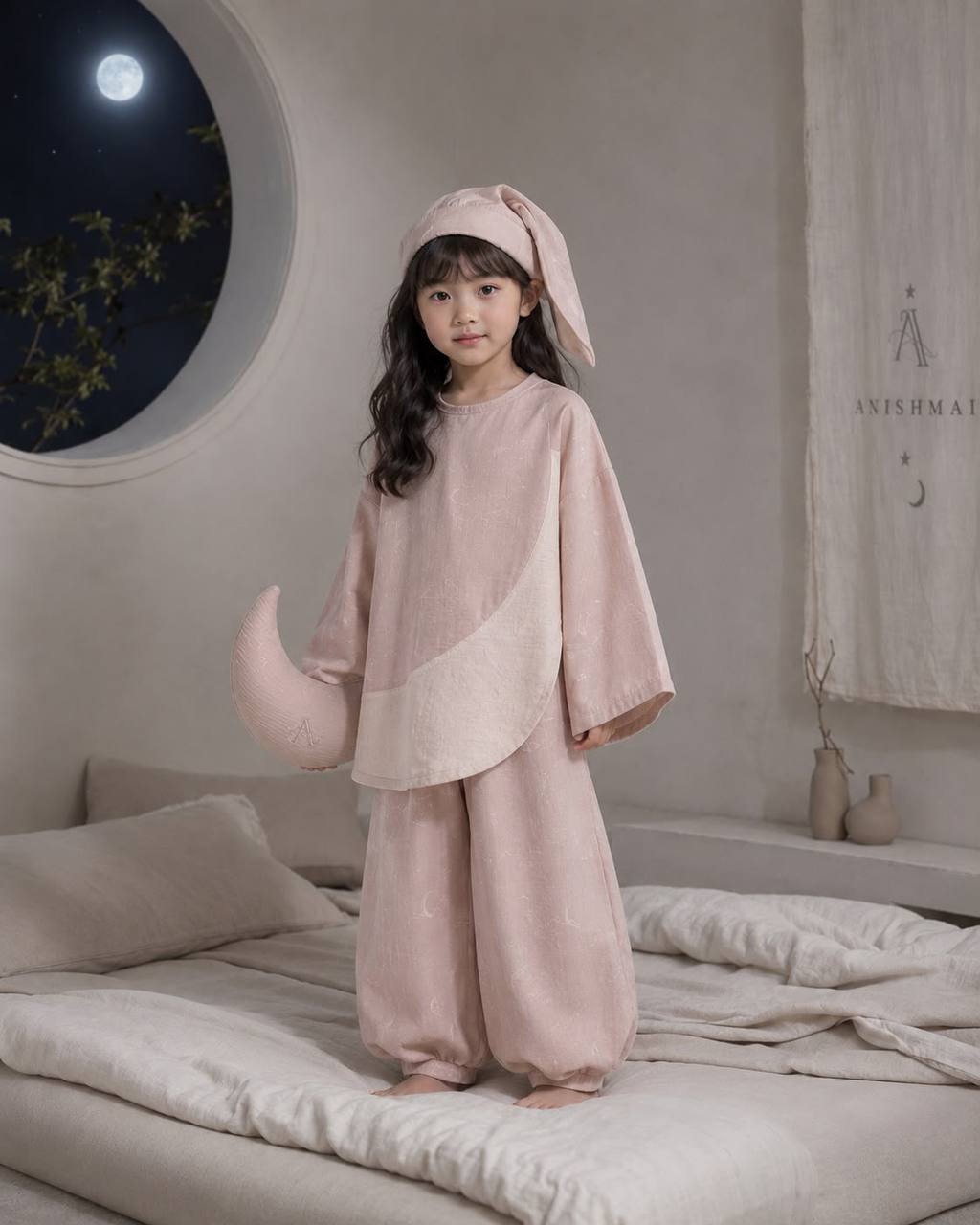 Anishmai Pudra Ay Desenli Pijama Takımı - Kız Çocuk